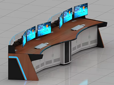 Modern Monitoring Room Curved Control Console With Multiple Screens Wooden Countertop And Blue Lights 3d model