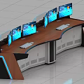 Modern Monitoring Room Curved Control Console With Multiple Screens Wooden Countertop And Blue Lights