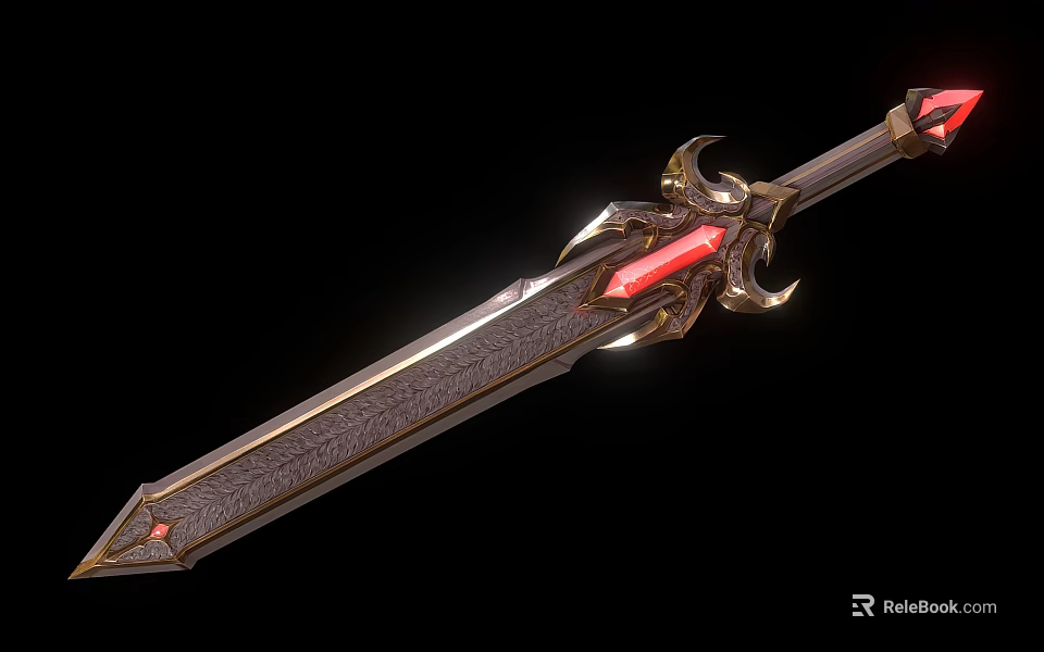 Decorative Metallic Sword With Red Gemstones Glowing Accents Intricate Patterns And Ornate Hilt 3d model 