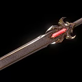 Decorative Metallic Sword With Red Gemstones Glowing Accents Intricate Patterns And Ornate Hilt