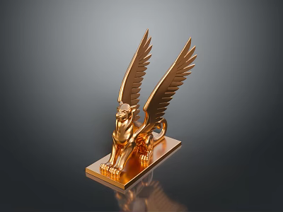 Ornate Golden Winged Lion Statue With Detailed Wings And Square Base 3d model