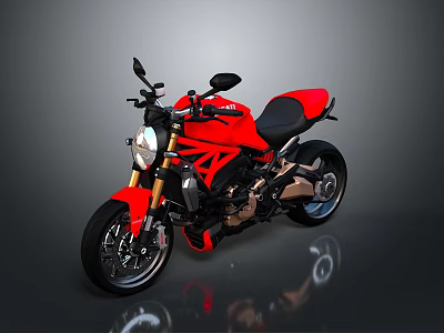 Red Modern Motorcycle With Black Seat And Golden Forks On Reflective Surface 3d model