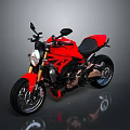 Red Modern Motorcycle With Black Seat And Golden Forks On Reflective Surface