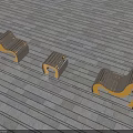 Three Modern Public Chairs With Wooden Seats And Yellow Metal Frames On Outdoor Wooden Floor
