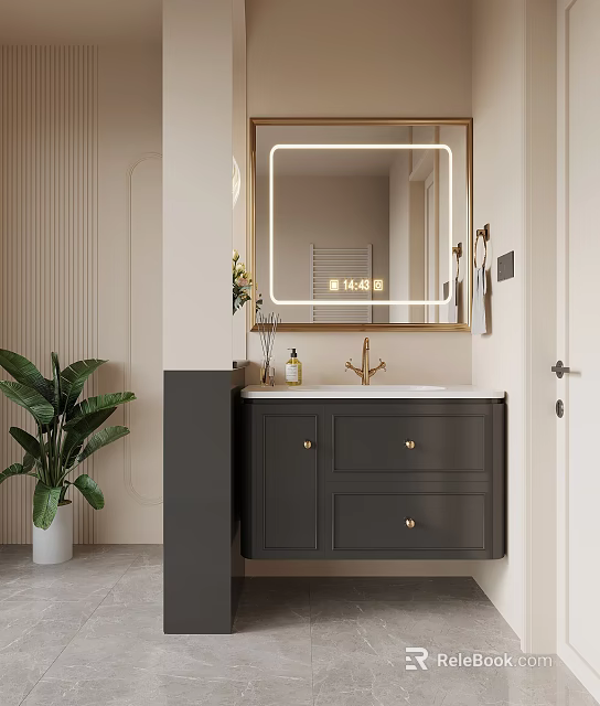 Modern Bathroom Vanity With LED Lit Mirror Dark Cabinet Gold Handles And Green Plant 3d model 