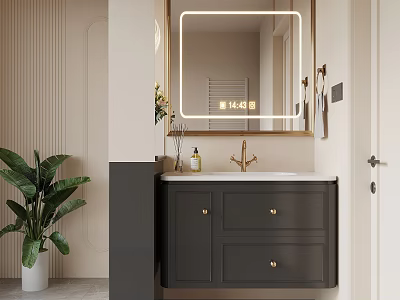 Modern Bathroom Vanity With LED Lit Mirror Dark Cabinet Gold Handles And Green Plant 3d model