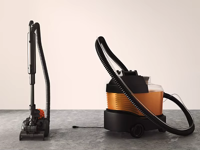Upright And Canister Vacuum Cleaners Black Orange On Gray Floor Light Wall Background 3d model