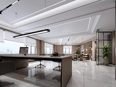 Modern Office Interior Design With Large Windows Long Pendant Lights Desk Chairs And Green Plants 3d model