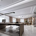 Modern Office Interior Design With Large Windows Long Pendant Lights Desk Chairs And Green Plants