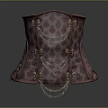 Elegant Red Black Damask Pattern Corset With Golden Metal Buckles And Chain Details