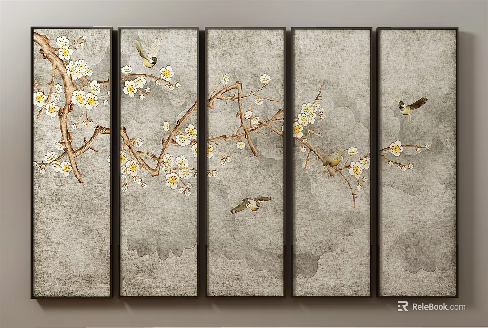 Botanical Paintings With Plum Blossom Branches White Flowers And Birds On Multiple Panels 3d model 