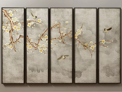Botanical Paintings With Plum Blossom Branches White Flowers And Birds On Multiple Panels 3d model