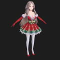 Woman in Festive Christmas Dress with Red Green Patterns Long Hair and Red Shoes