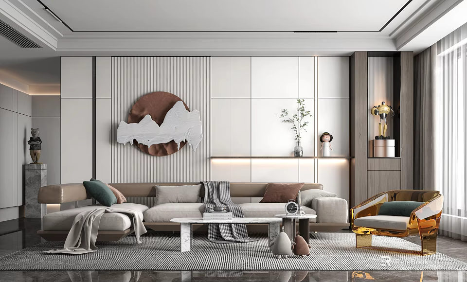 Modern Living Room With Light Gray Sofa Throw Pillows Blanket Circular Art And White Walls 3d model 
