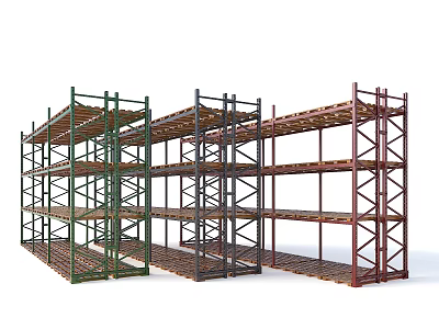 Multi Tier Display Shelves With Metal Frame And Wooden Layers In Multiple Colors 3d model