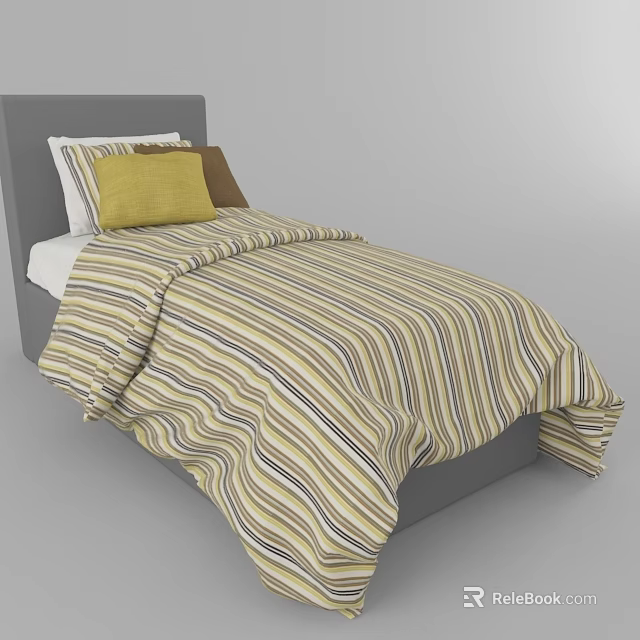 Single Bed With Gray Headboard Yellow Brown White Striped Comforter And Pillows 3d model