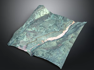 3D Green And Pink Undulating Terrain Model With Textured Surface Path Lines 3d model