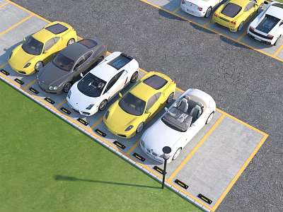 Organized Parking Lot With Luxury Sports Cars In Marked Spaces And Green Lawn Area 3d model
