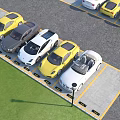 Organized Parking Lot With Luxury Sports Cars In Marked Spaces And Green Lawn Area