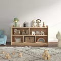 Wooden Display Shelf In Children's Room With Plush Toys Toy Cars Books And Storage Baskets