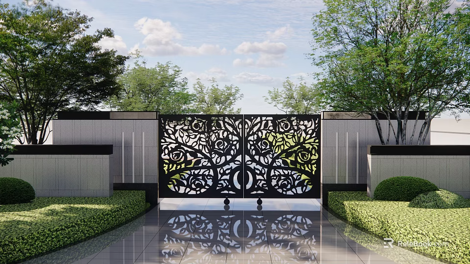 Ornate Building Facade Featuring Intricate Metal Screen With Floral Patterns And Green Plant Reflections 3d model 