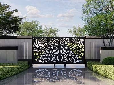 Ornate Building Facade Featuring Intricate Metal Screen With Floral Patterns And Green Plant Reflections 3d model