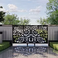 Ornate Building Facade Featuring Intricate Metal Screen With Floral Patterns And Green Plant Reflections