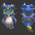Cute Blue Mythical Dragon Character With Purple Wings Horns And Golden Accents