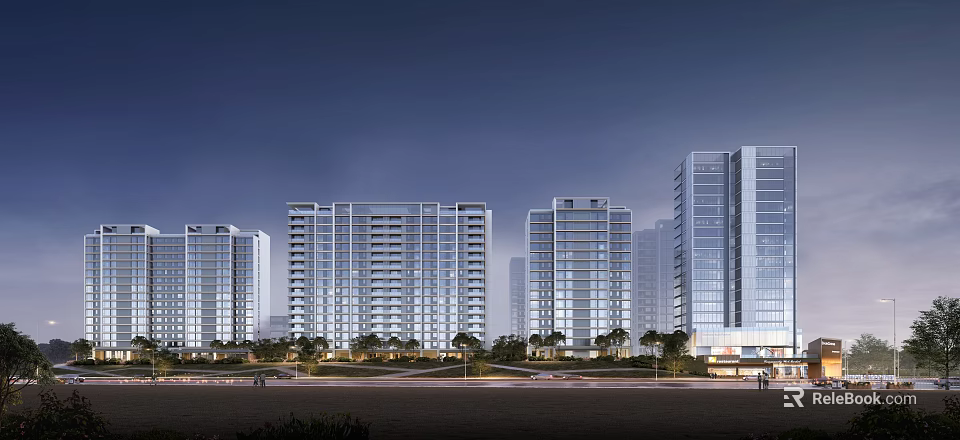 Modern High Rise Residential Building Exterior With Night Lighting And Greenery 3d model 