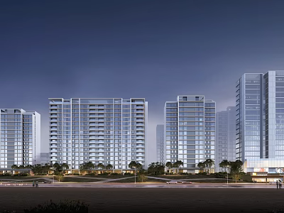 Modern High Rise Residential Building Exterior With Night Lighting And Greenery 3d model