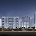 Modern High Rise Residential Building Exterior With Night Lighting And Greenery