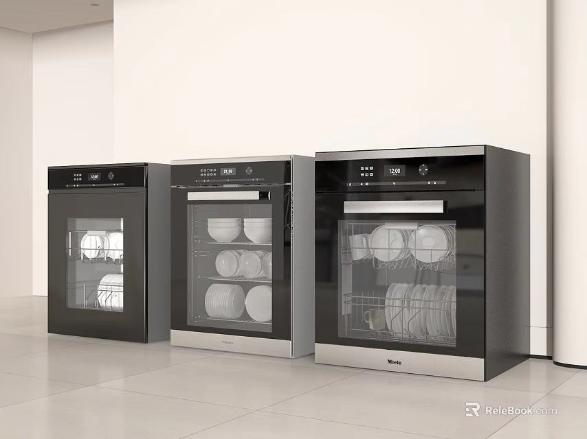 Three Sleek Modern Kitchen Appliances In Black Silver With Glass Doors Showing Dishes Inside 3d model 