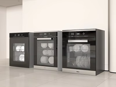 Three Sleek Modern Kitchen Appliances In Black Silver With Glass Doors Showing Dishes Inside 3d model