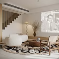 Living Room Interior With Round Wooden Coffee Table And Black White Geometric Rug