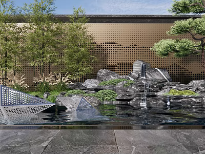 Perforated Scenic Wall with Rockery Water Pond and Pine Trees in Garden with Stone Slabs 3d model