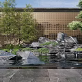 Perforated Scenic Wall with Rockery Water Pond and Pine Trees in Garden with Stone Slabs