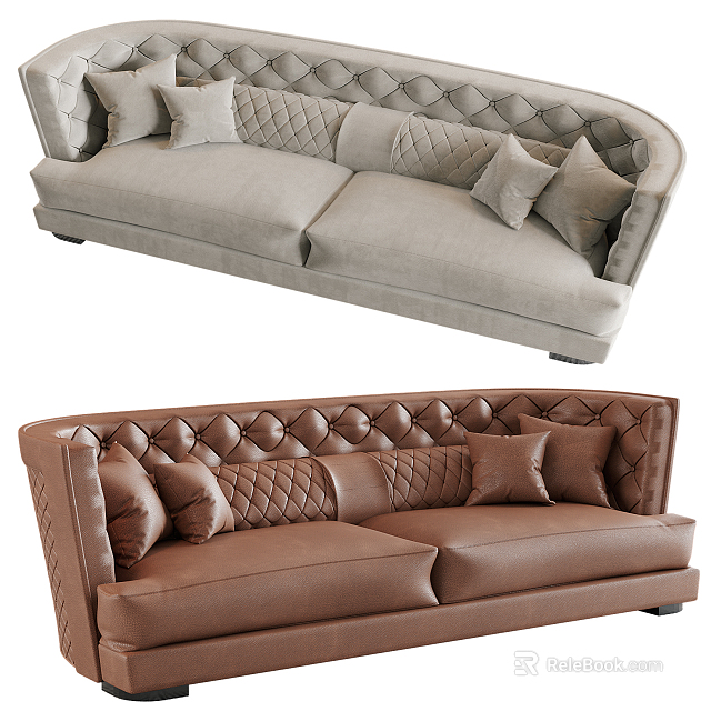 Stylish Modern Two Seater Sofa with Tufted Design and Pillows in Light Gray and Brown 3d model 