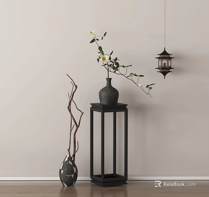 Black Plant Stand With Vase White Flowers Green Leaves Tall Branch And Hanging Lantern 3d model 