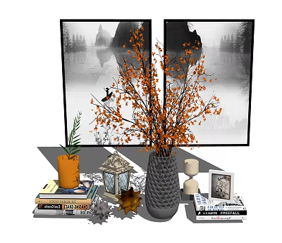 Decorative Ornament Set with Wall Art Vase Branches Lantern Books Maple Leaf Home Decor 3d model