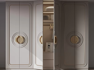 Modern White Wardrobe With Gold Circular Handles And Interior Storage Shelves 3d model