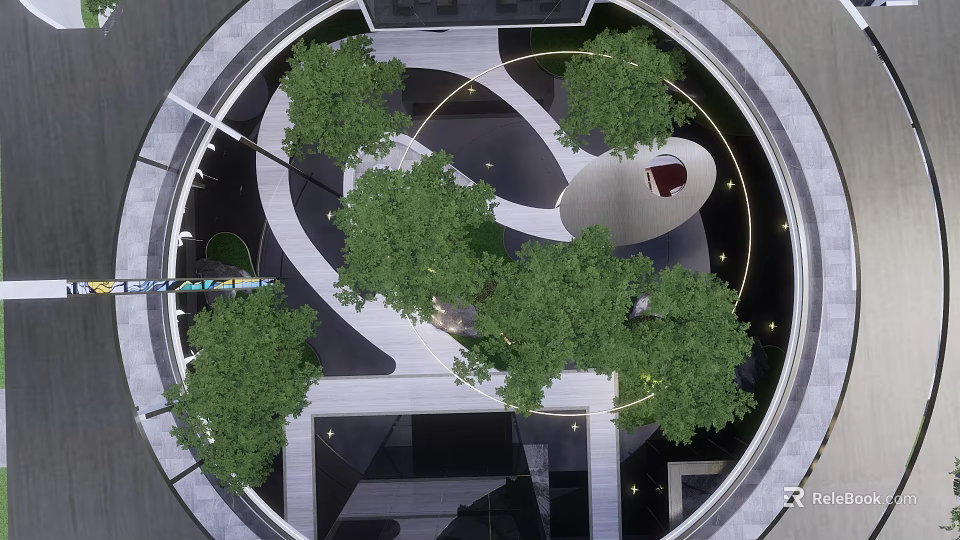 Modern Circular Garden Landscape With Green Trees Winding Paths And Geometric Patterns 3d model