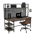 Modern Industrial Desk With Laptop Lamp Clock Headphones And Office Chair