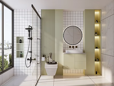 Modern Bathroom Interior With Shower Area Round Mirror Vanity Tiled Walls And Soft Green Tones 3d model