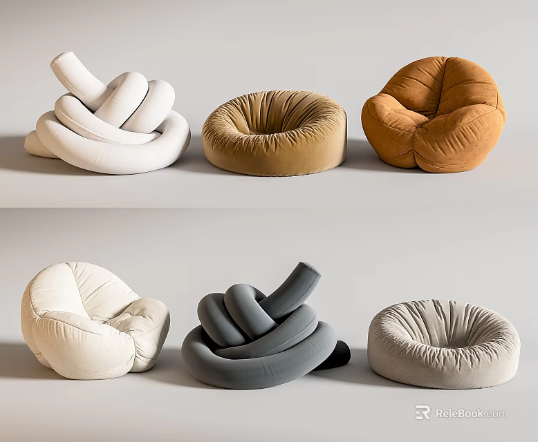 Modern Comfortable Bean Bag Chairs With Knotted Round Design In White Brown Gray Beige 3d model 