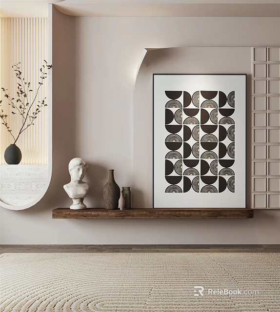 Stylish Interior Decorative Shelf Featuring Sculpture Vase And Geometric Artwork 3d model
