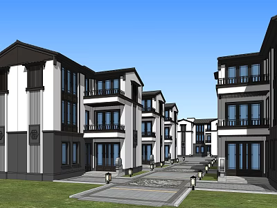 Modern Detached Villa With Multi story Structure White Dark Exterior Courtyard And Driveway 3d model