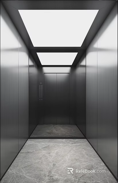 Modern Elevator Lobby Interior With Stainless Steel Walls Ceiling Light And Stone Floor 3d model 