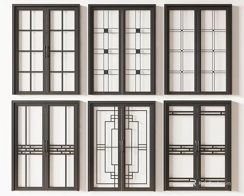 Stylish Sliding Doors With Various Geometric Patterns And Modern Frame Designs 3d model