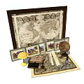 Vintage Decorative Ornament Set with World Map Photo Frames Globe Scrolls and Table Lamp 3d model