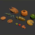 Assorted Fresh Food Items Including Roast Chicken Fish Pumpkin Cabbage Pie And Cheese